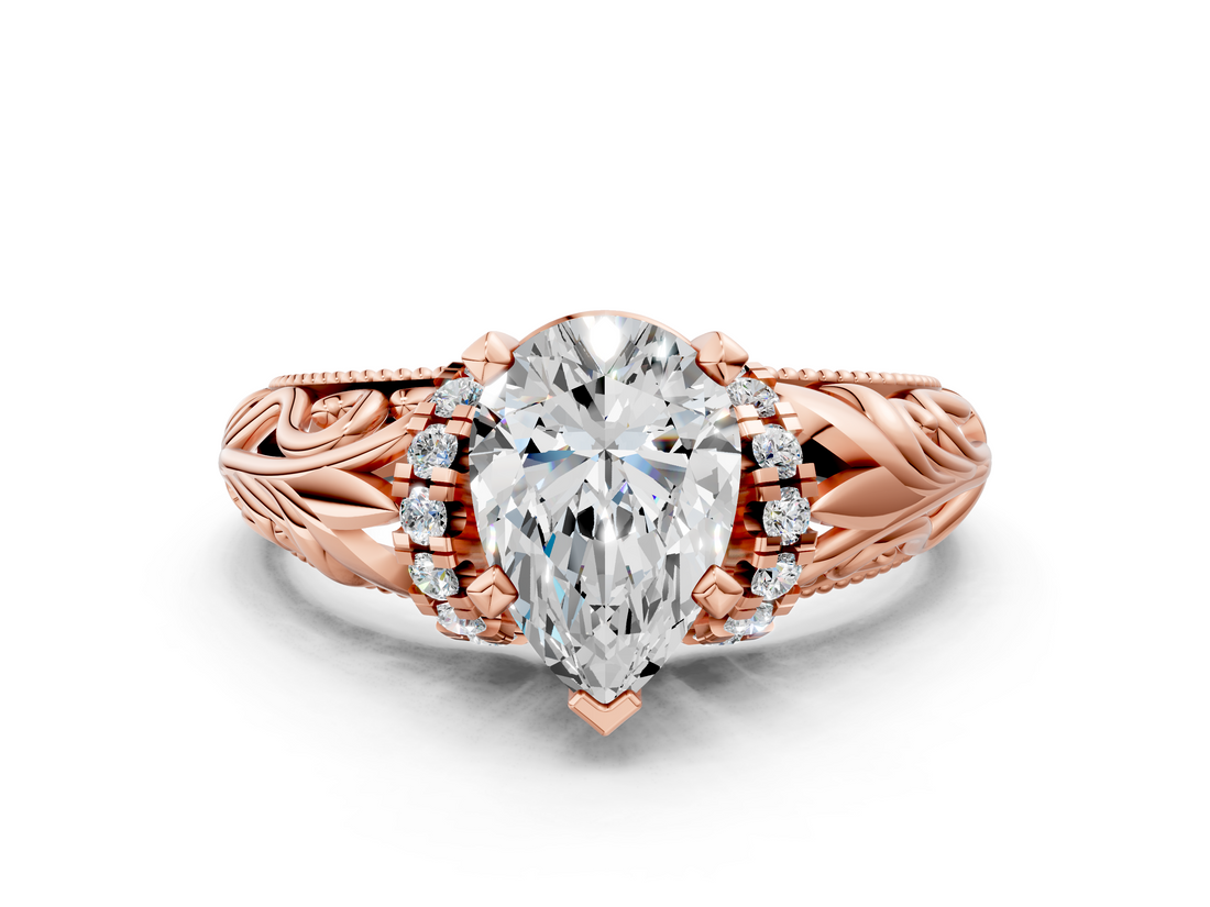 Rose gold Pear Solitaire Filigree Engagement Ring with Halo and Prong Setting_62