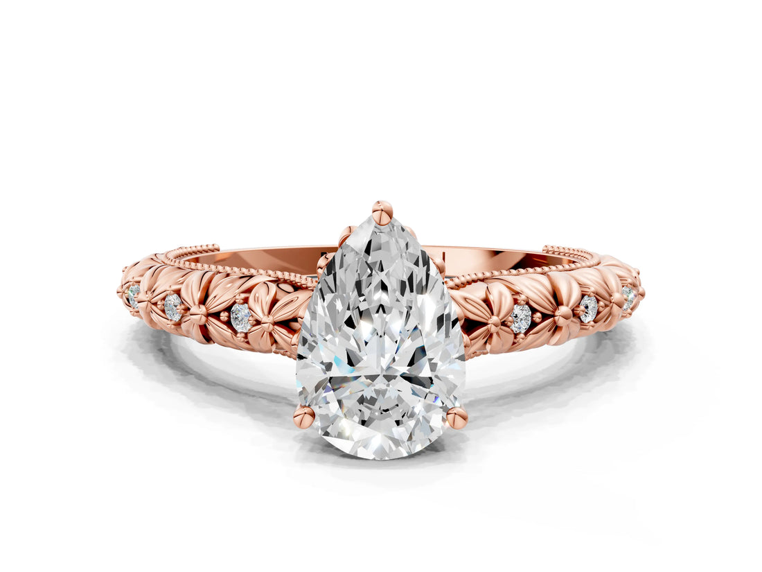 Rose gold Pear Solitaire Floral Milgrain Engagement Ring_32