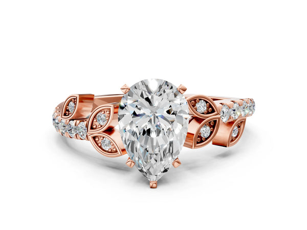 Rose gold Pear Solitaire Leaf-Inspired Diamond Ring with Pavé Band and Four-Prong Setting