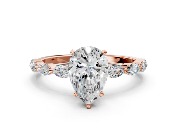 Rose gold Pear Cut Diamond Ring with Marquise Side Stones and Prong Setting