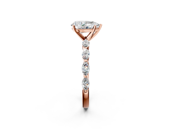 Rose gold Pear Cut Diamond Ring with Marquise Side Stones and Prong Setting