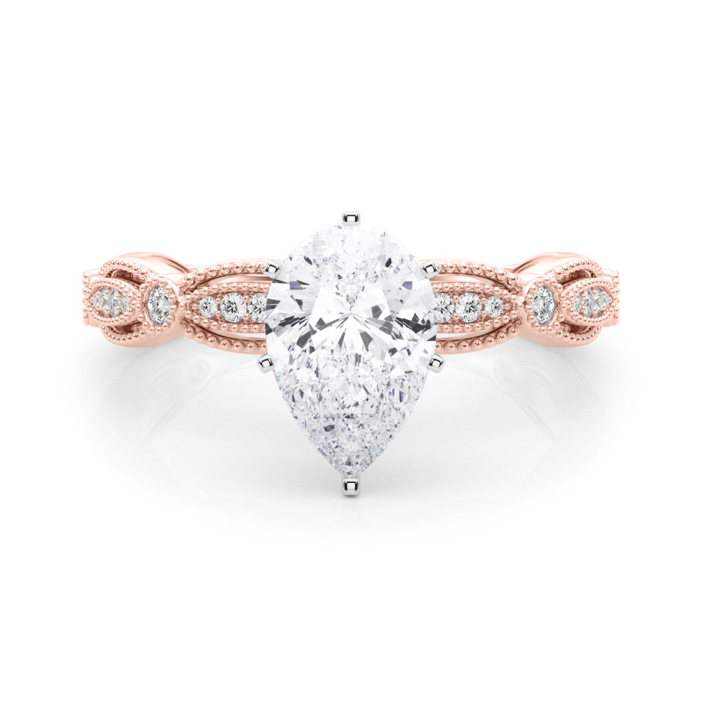 Rose gold Pear Solitaire Milgrain Diamond Engagement Ring with Bezel and Marquise Band 1