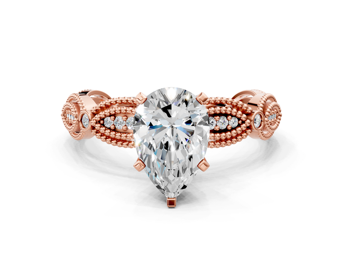 Rose gold Pear Solitaire Milgrain Diamond Engagement Ring with Bezel and Marquise Band_156