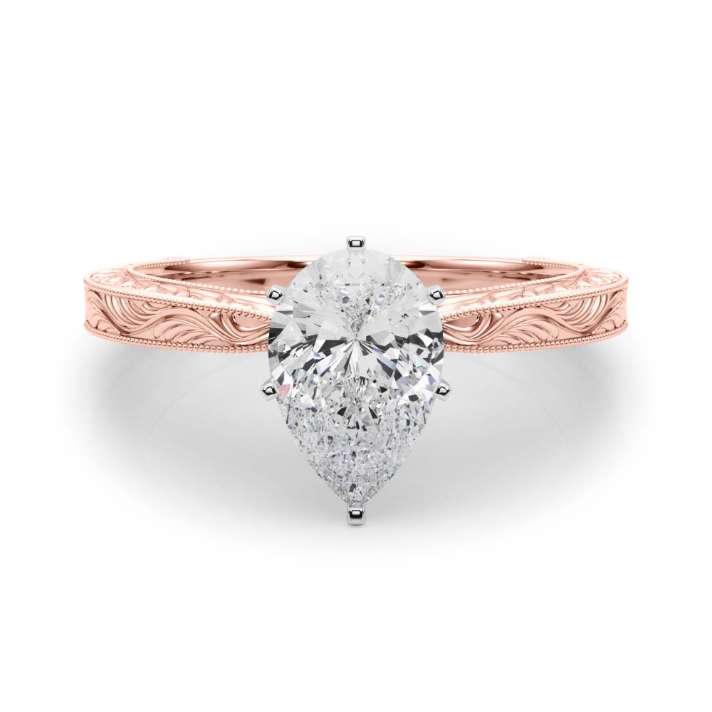 Rose gold Pear Solitaire Milgrain Engraved Band with Four-Prong Setting 1