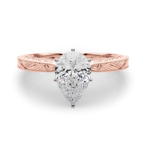 Rose gold Pear Solitaire Milgrain Engraved Band with Four-Prong Setting 1