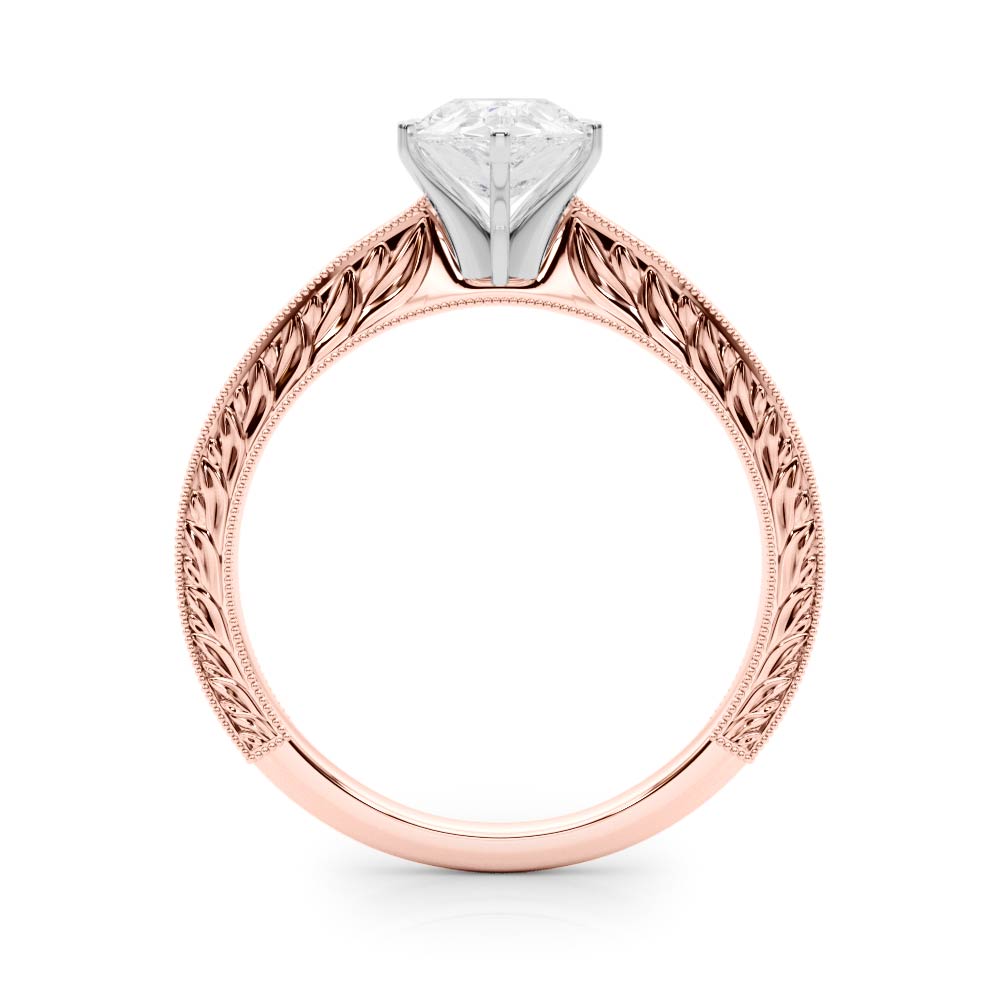 Rose gold Pear Solitaire Milgrain Engraved Band with Four-Prong Setting 2
