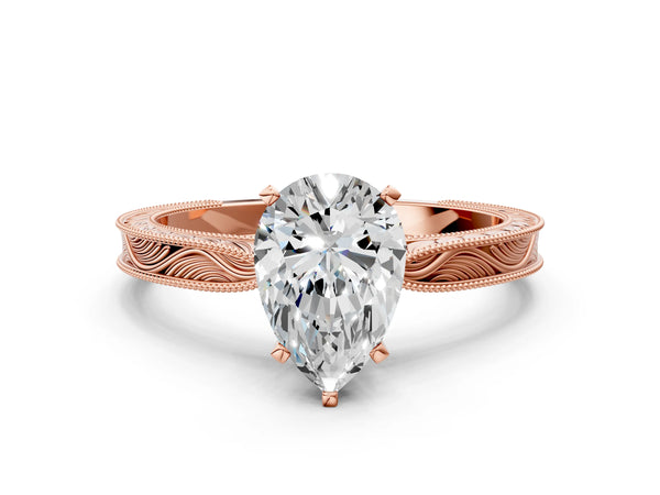 Rose Gold Pear-Shaped Vintage Solitaire Engagement Ring Setting with Milgrain Engraved Band