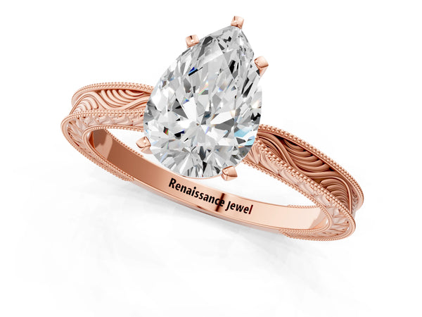 Rose Gold Pear-Shaped Vintage Solitaire Engagement Ring Setting with Milgrain Engraved Band