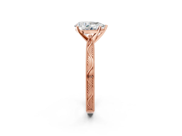 Rose Gold Pear-Shaped Vintage Solitaire Engagement Ring Setting with Milgrain Engraved Band