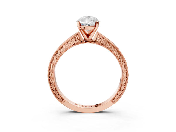Rose Gold Pear-Shaped Vintage Solitaire Engagement Ring Setting with Milgrain Engraved Band