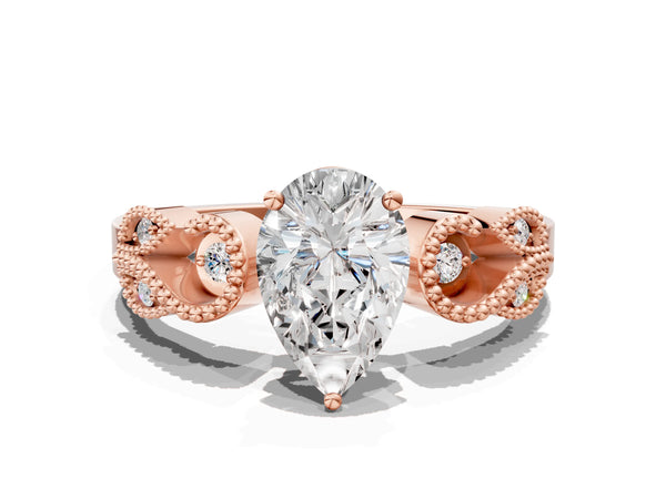 Rose gold Pear Solitaire Milgrain Leaf Band with Prong Setting