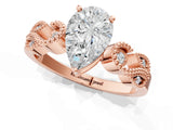 Rose gold Pear Solitaire Milgrain Leaf Band with Prong Setting_12