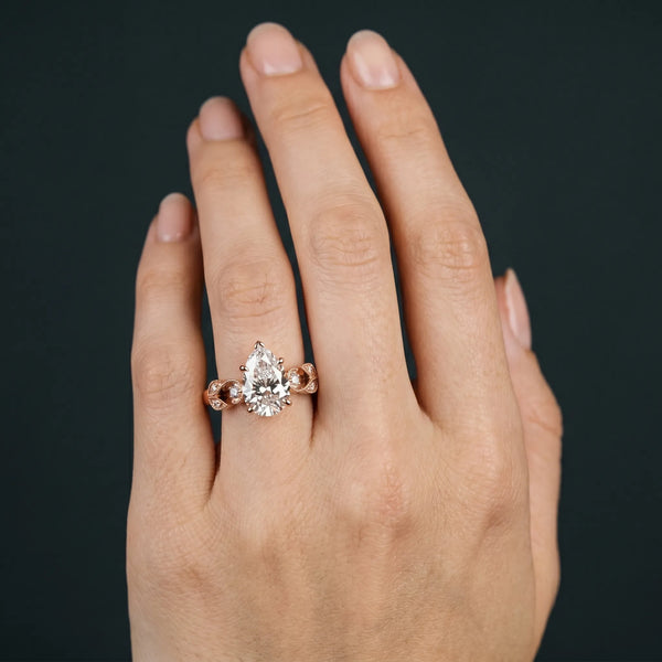 Rose gold Pear Solitaire Milgrain Leaf Band with Prong Setting