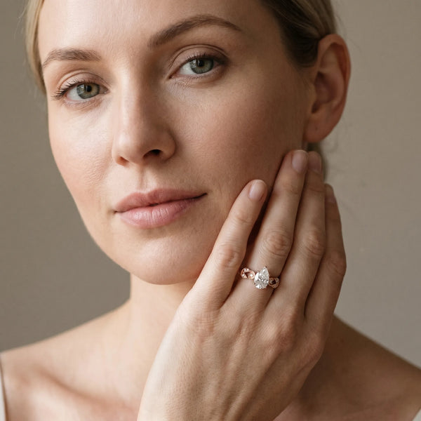 Rose gold Pear Solitaire Milgrain Leaf Band with Prong Setting