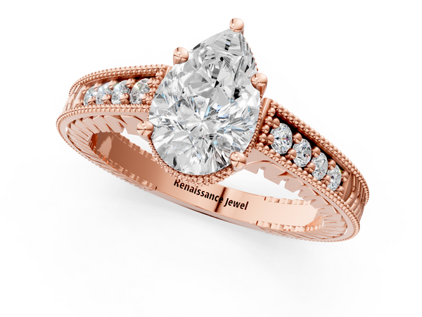 Rose gold Pear Solitaire Pavé Diamond Milgrain Engagement Ring with Four-Prong Setting