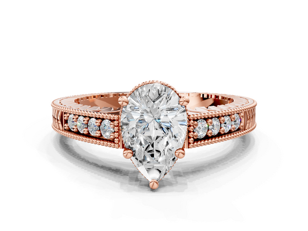 Rose gold Pear Solitaire Pavé Diamond Milgrain Engagement Ring with Four-Prong Setting