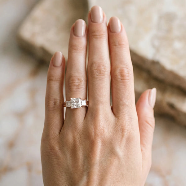 Rose gold Pear Solitaire Princess Side Stone Engraved Band Prong Setting Ring