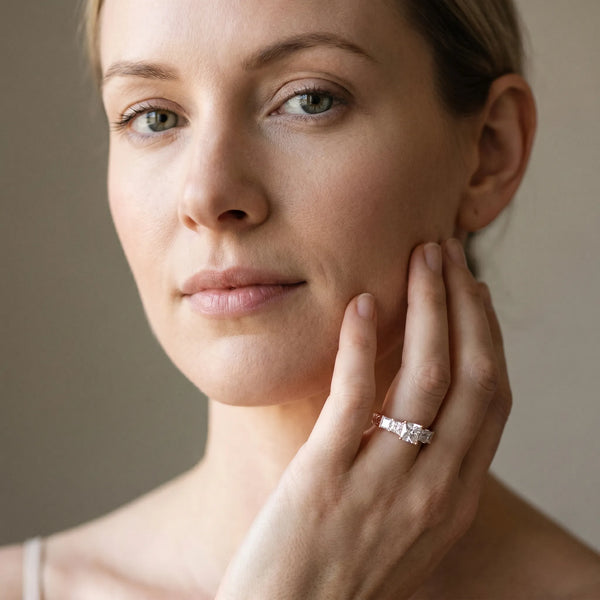 Rose gold Pear Solitaire Princess Side Stone Engraved Band Prong Setting Ring