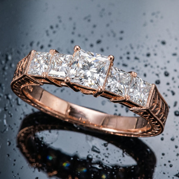 Rose gold Pear Solitaire Princess Side Stone Engraved Band Prong Setting Ring