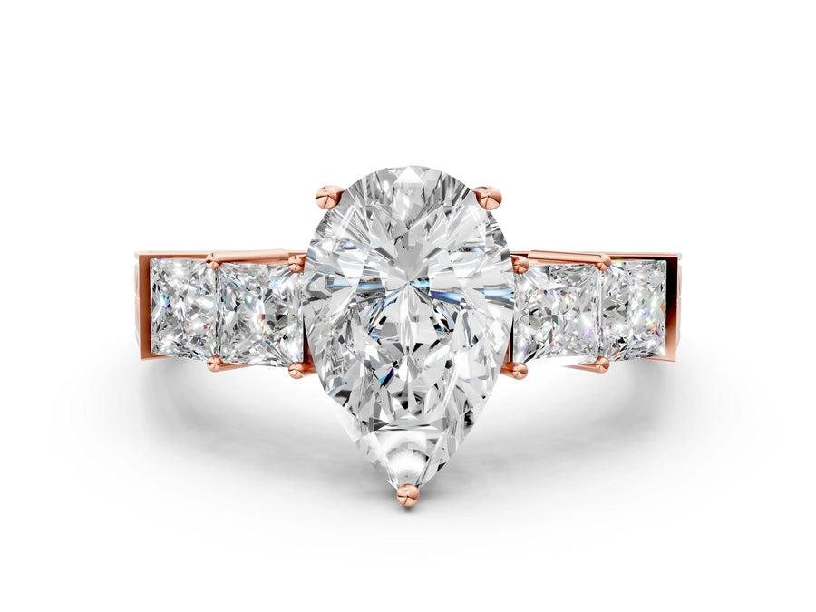 Rose gold Pear Solitaire Princess Side Stone Engraved Band Prong Setting Ring