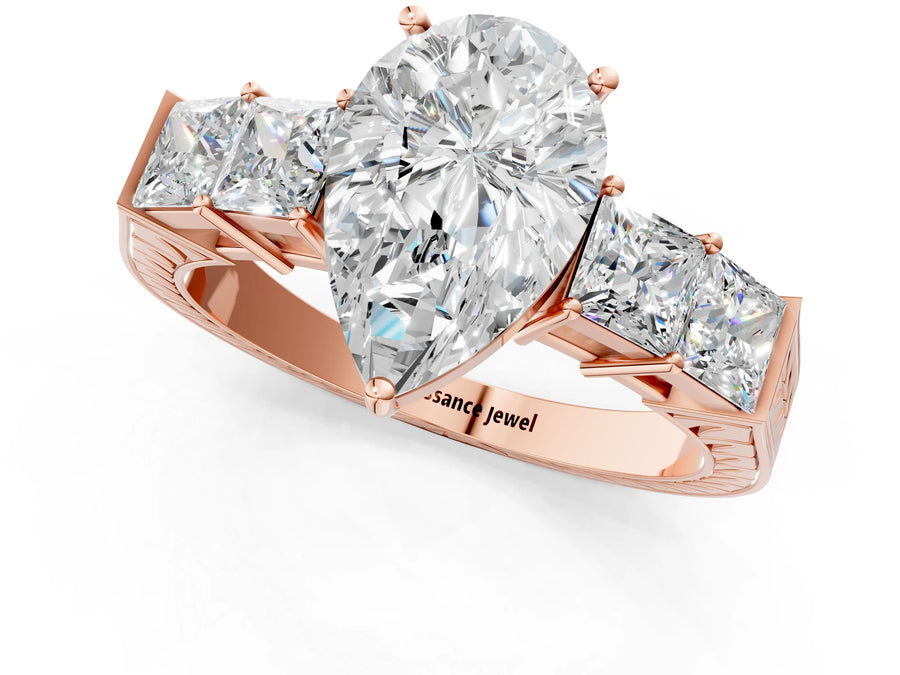 Rose gold Pear Solitaire Princess Side Stone Engraved Band Prong Setting Ring