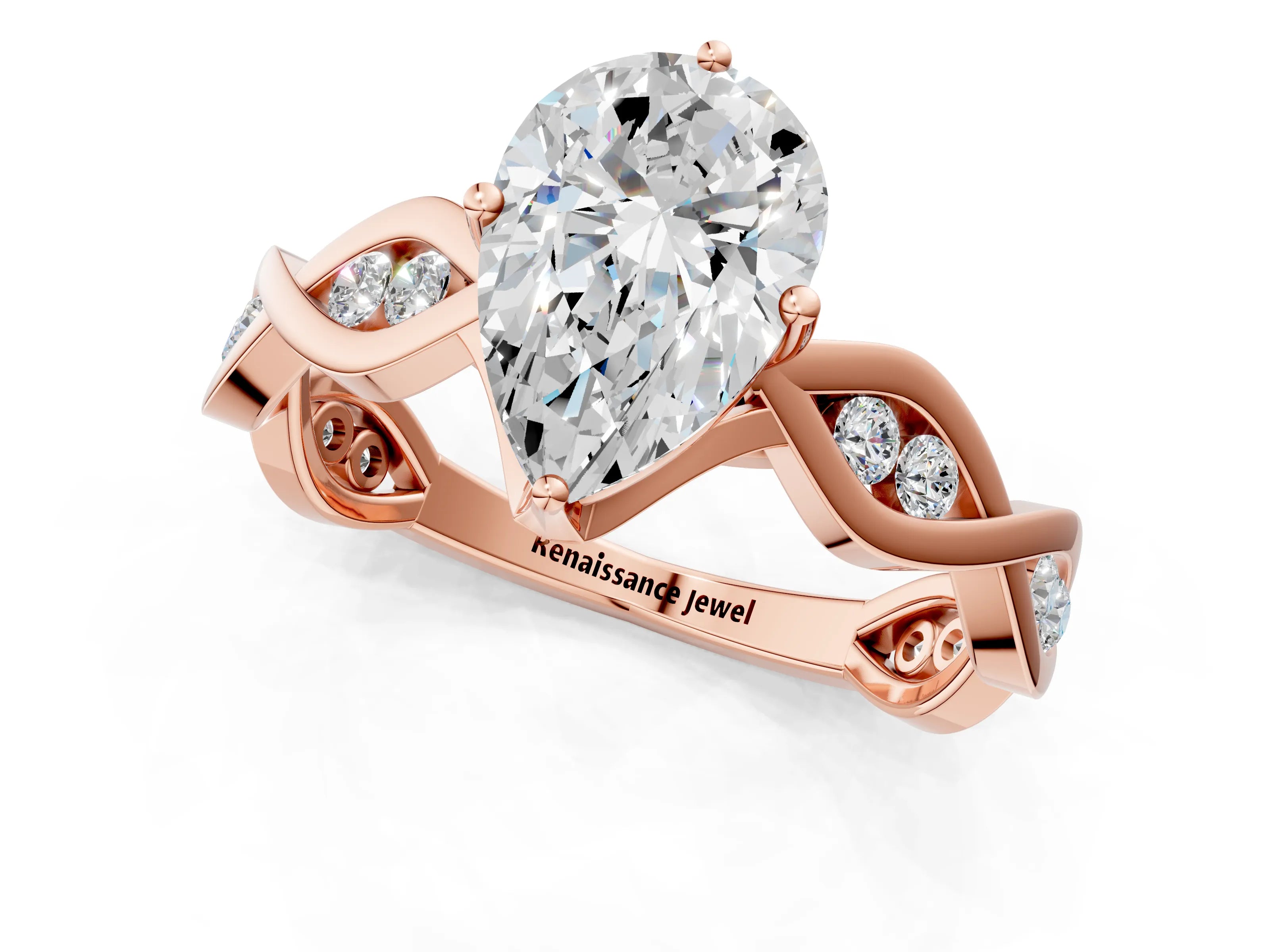 Rose gold Pear Solitaire Twist Band with Leaf Prong Setting 1