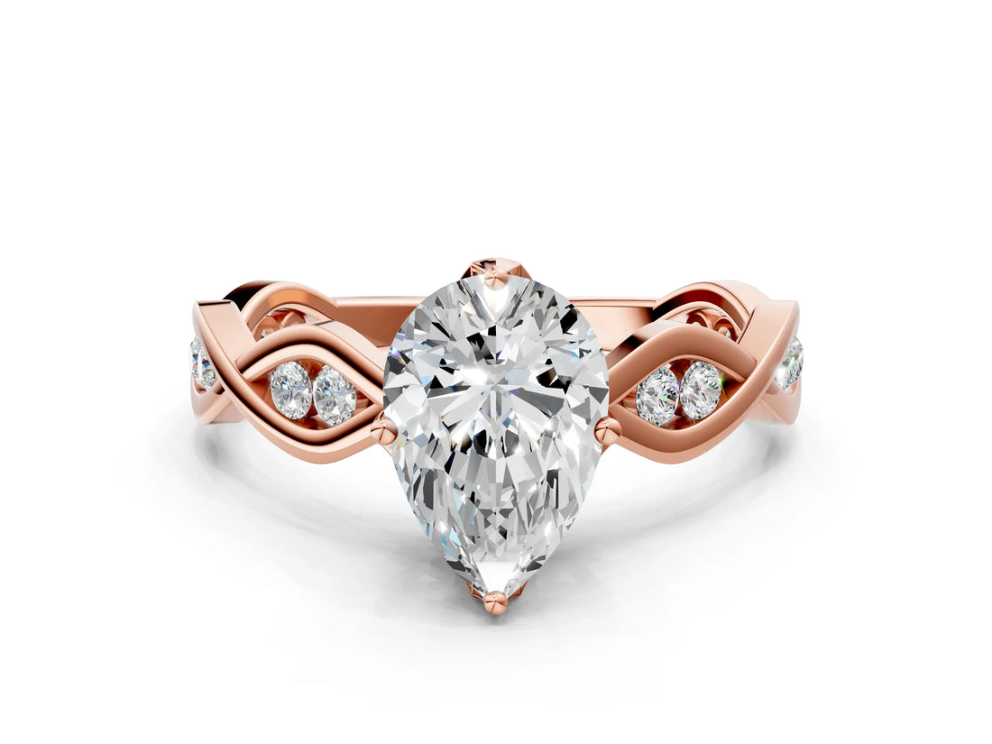 Rose gold Pear Solitaire Twist Band with Leaf Prong Setting