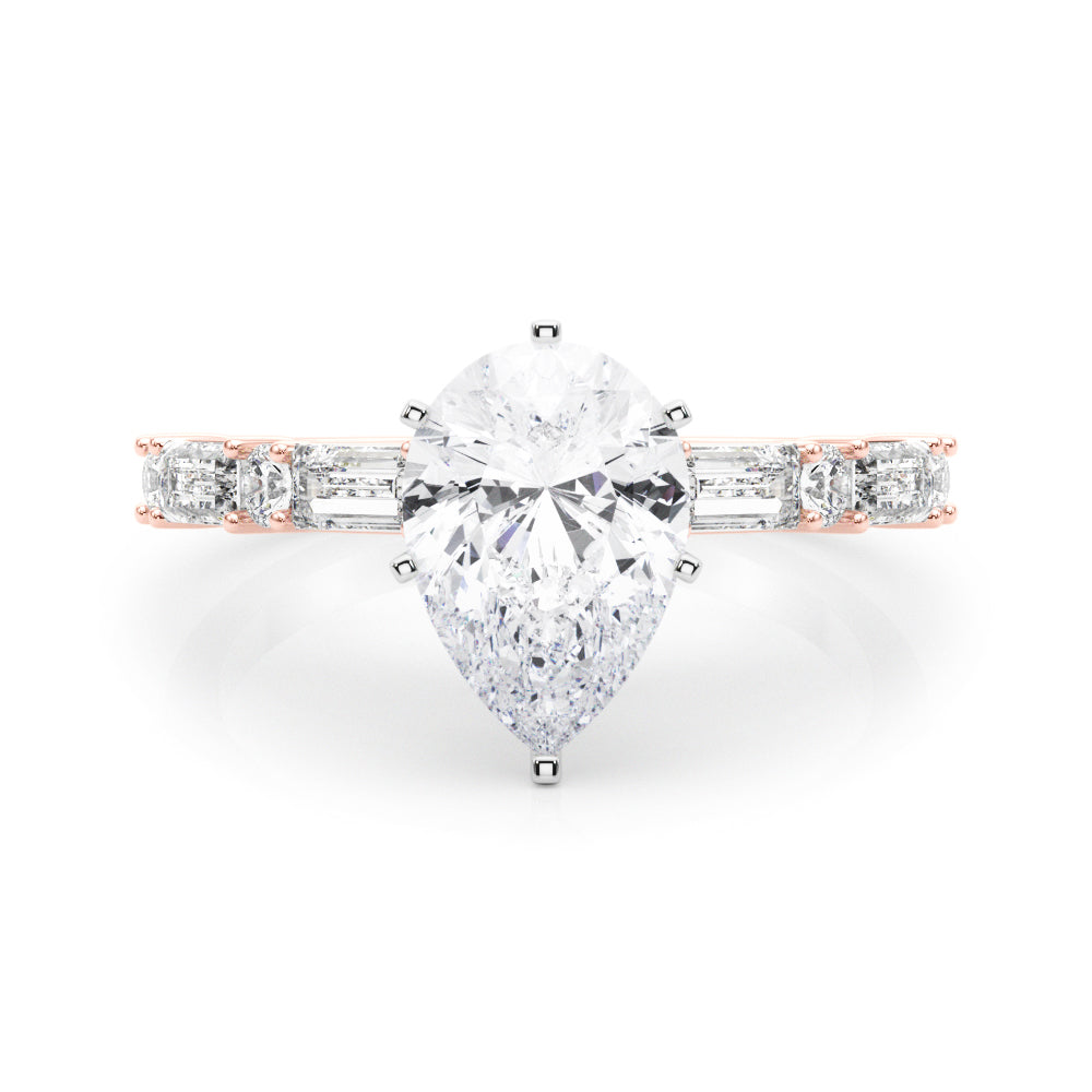 Rose gold Pear Solitaire with Side Baguettes and Channel Set Band 1