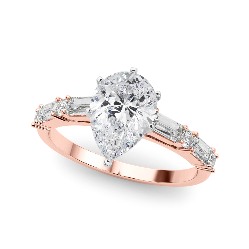 Rose gold Pear Solitaire with Side Baguettes and Channel Set Band