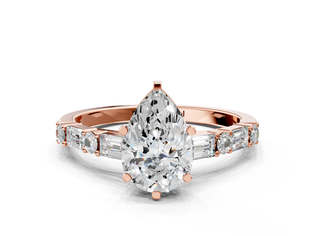 Rose gold Pear Solitaire with Side Baguettes and Channel Set Band_77