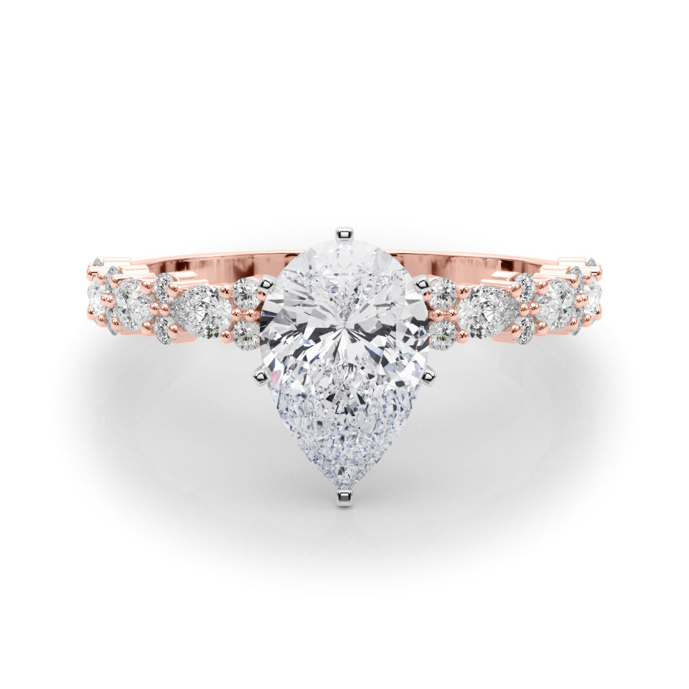 Rose gold Pear Solitaire with Side Stones, Pave Band, Four-Prong Setting 1
