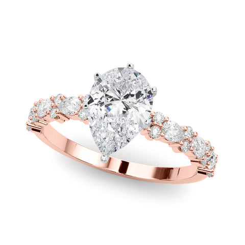 Rose gold Pear Solitaire with Side Stones, Pave Band, Four-Prong Setting