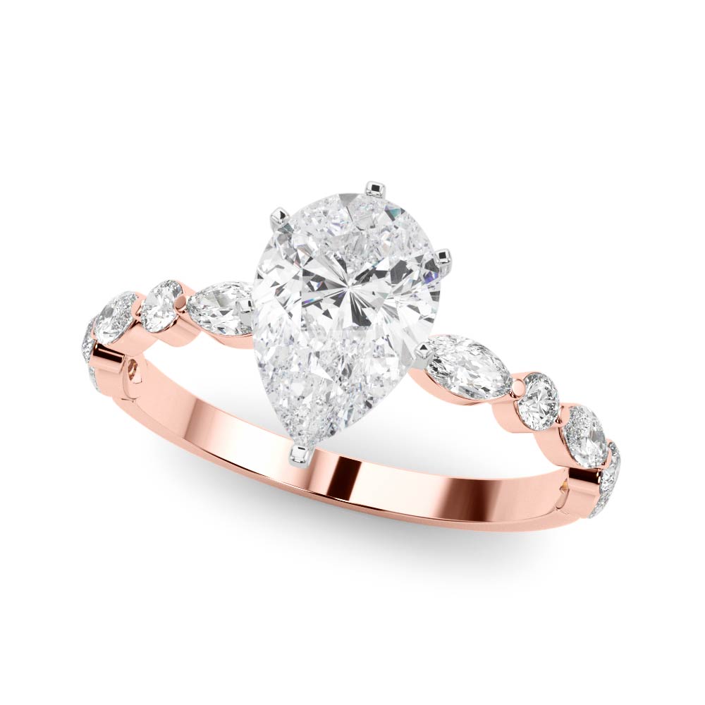 Rose gold Pear Solitaire with Side Stones on a Pavé Band and Four-Prong Setting
