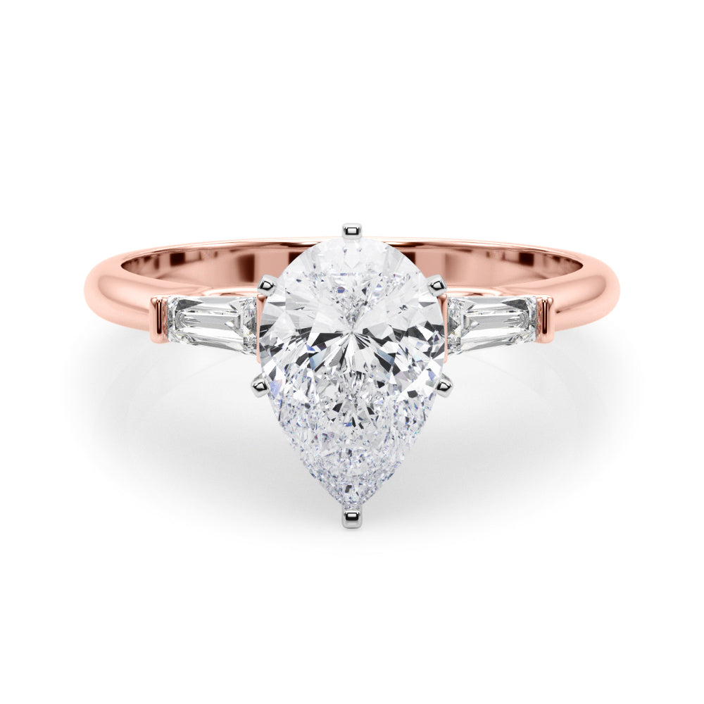 Rose gold Pear Solitaire with Tapered Baguette Side Stones on a Classic Band with Six-Prong Setting 1