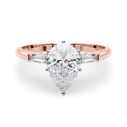 Rose gold Pear Solitaire with Tapered Baguette Side Stones on a Classic Band with Six-Prong Setting 1