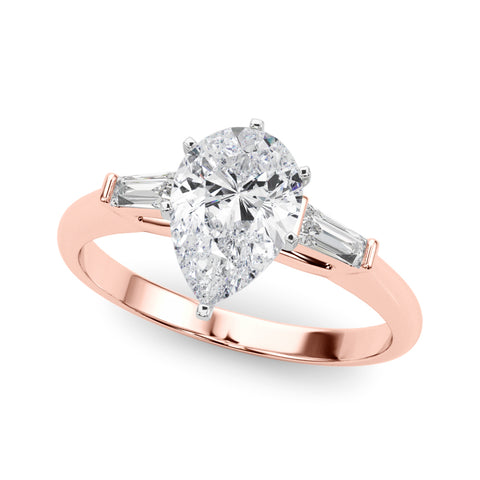 Rose gold Pear Solitaire with Tapered Baguette Side Stones on a Classic Band with Six-Prong Setting
