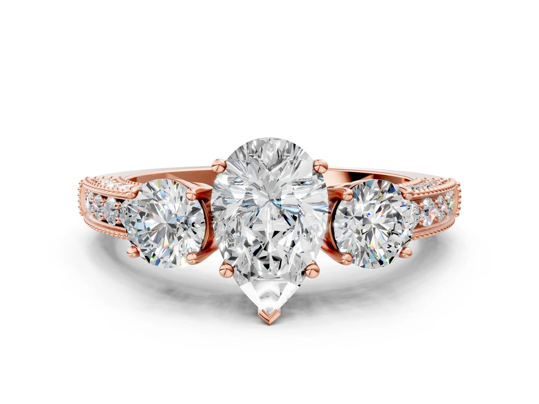 Rose gold Pear Three-Stone Diamond Ring with Pavé Band and Four-Prong Setting_6