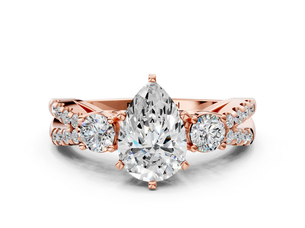 Rose Gold Pear-Shaped Three Stone Engagement Ring Setting with Pave Split Shank