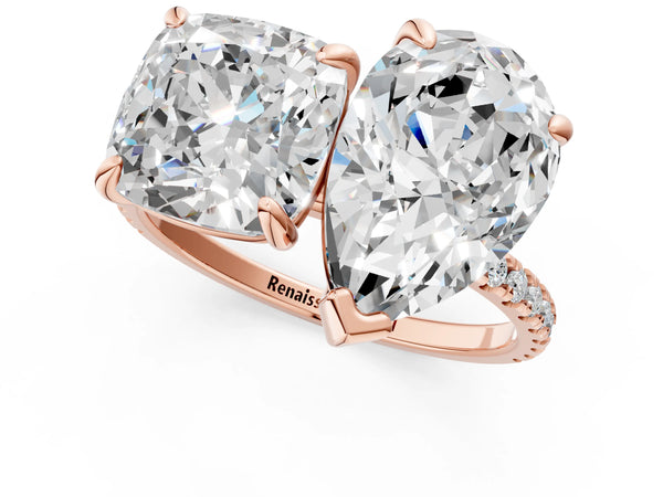 Rose gold Pear and Cushion Toi Moi Ring with Prong Setting and Micro Pave Band