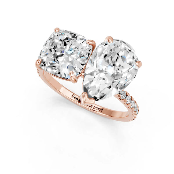 Rose gold Pear and Cushion Toi Moi Ring with Prong Setting and Pave Band