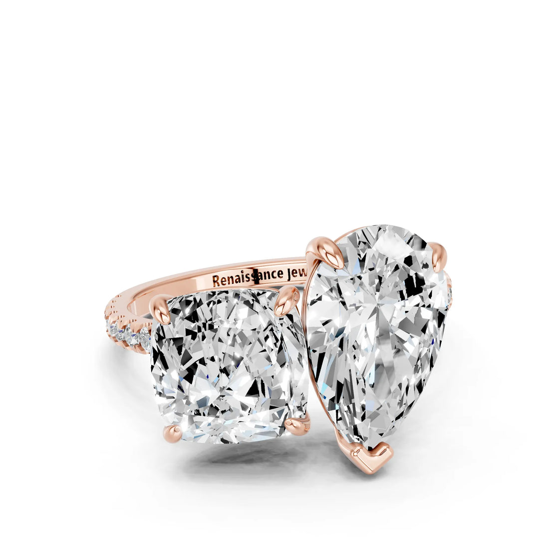 Rose gold Pear and Cushion Toi Moi Ring with Prong Setting and Pave Band