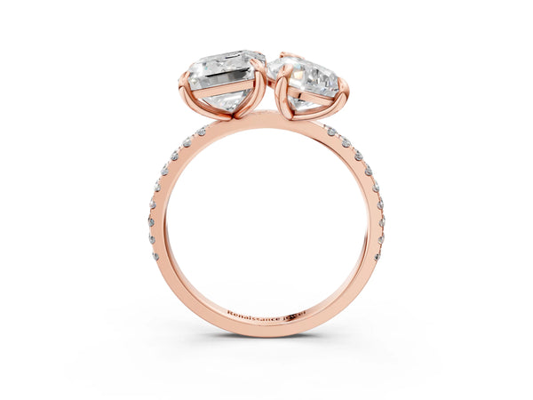 Rose Gold Pear-Shaped and Emerald Cut Laboratory-Grown Diamond Toi et Moi Engagement Ring