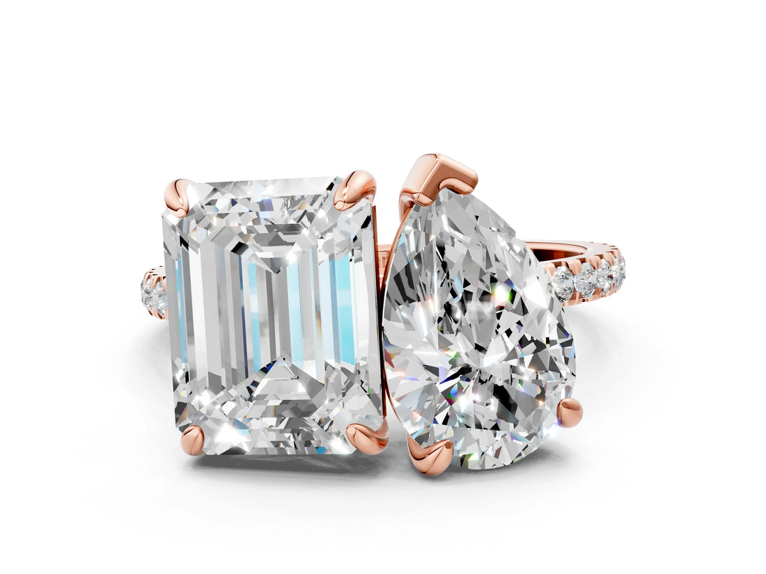 Rose gold Pear and Emerald Toi Moi Ring with Prong Setting and Pave Band