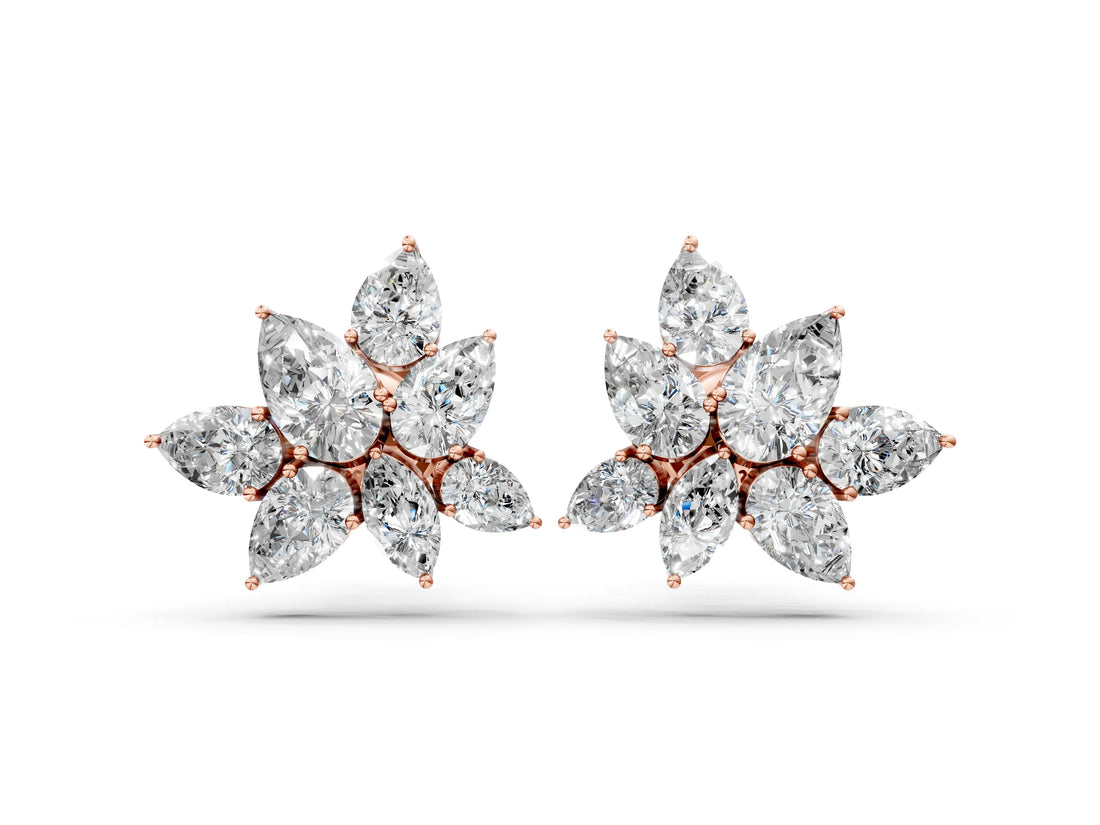 Rose gold Pear and Marquise Diamond Floral Cluster Stud Earrings