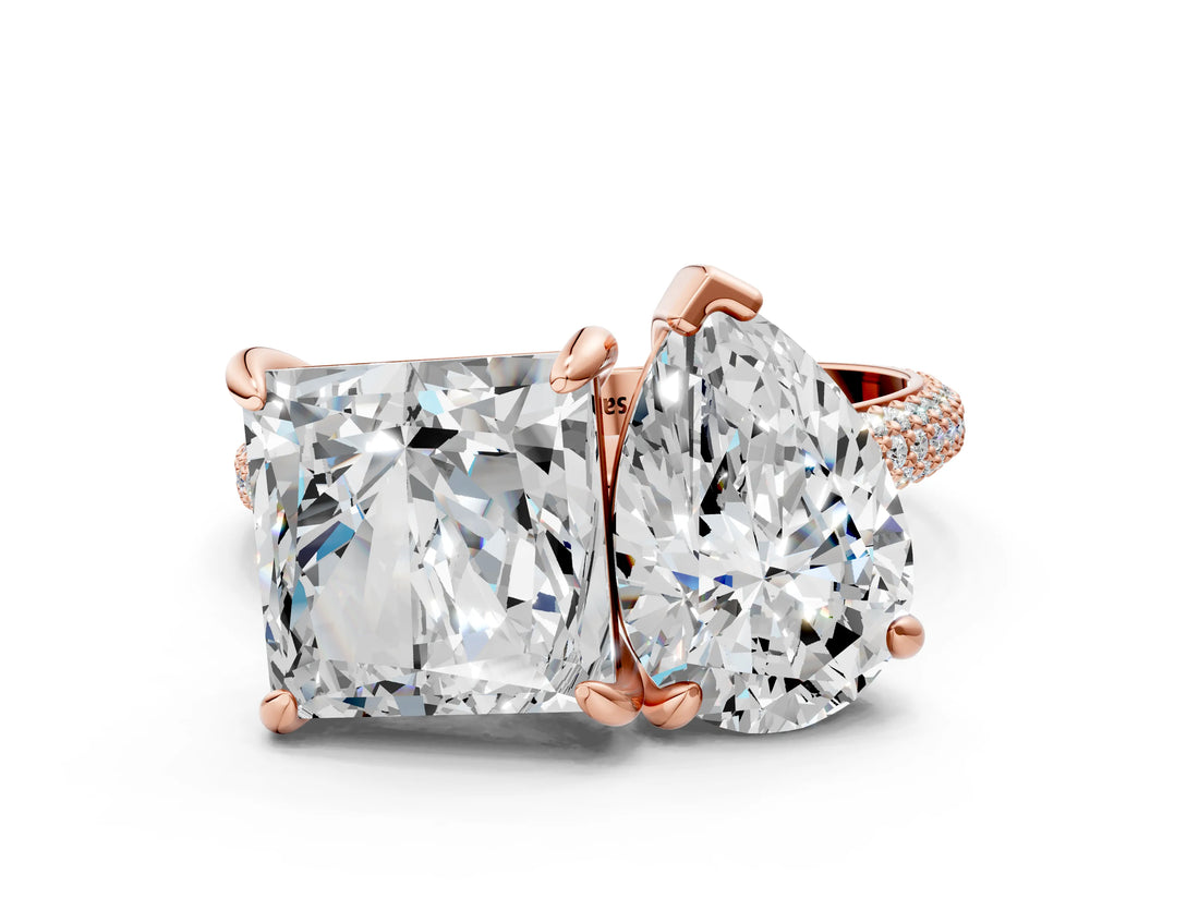 Rose gold Pear and Princess Toi Moi Ring with Prong Setting and Pave Band