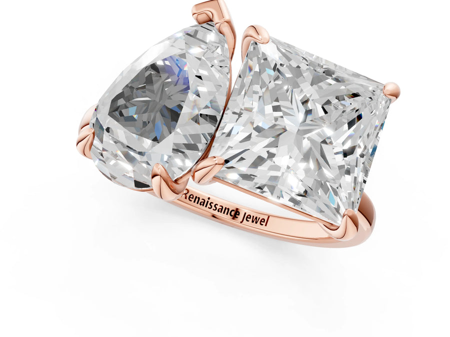 Rose gold Pear and Princess Toi Moi Ring with Prong Setting and Plain Band