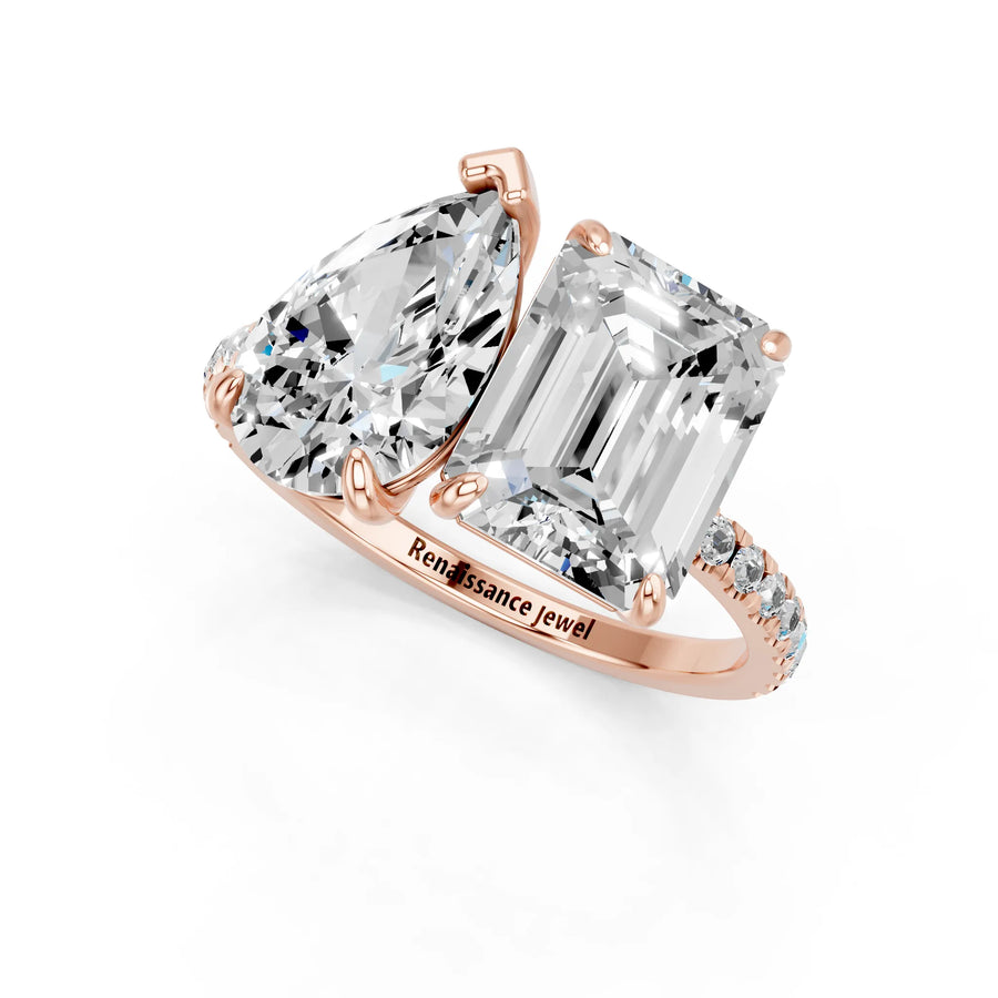 Rose gold Pear and Radiant Toi Moi Ring with Prong Setting and Micro Pave Band
