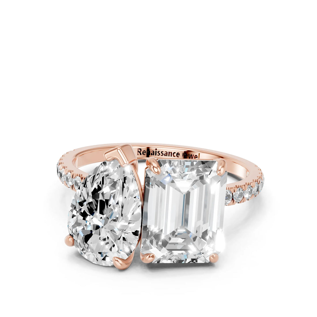 Rose gold Pear and Radiant Toi Moi Ring with Prong Setting and Micro Pave Band