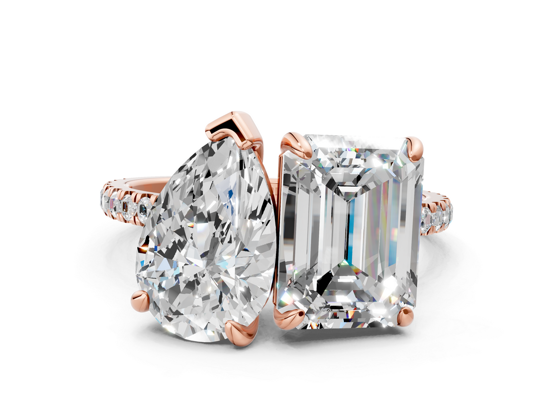 Rose gold Pear and Radiant Toi Moi Ring with Prong Setting and Pave Band_17