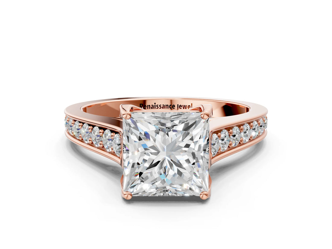 Rose gold Princess Brilliant Cut Diamond Engagement Ring with Pavé Band and Four-Prong Setting_61